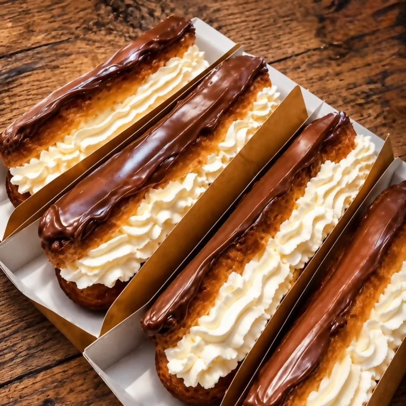 Chocolate eclairs filled with fresh cream at Wedges Bakery
