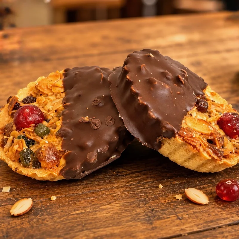 Chocolate-dipped fruit and nut florentines from Wedges Bakery