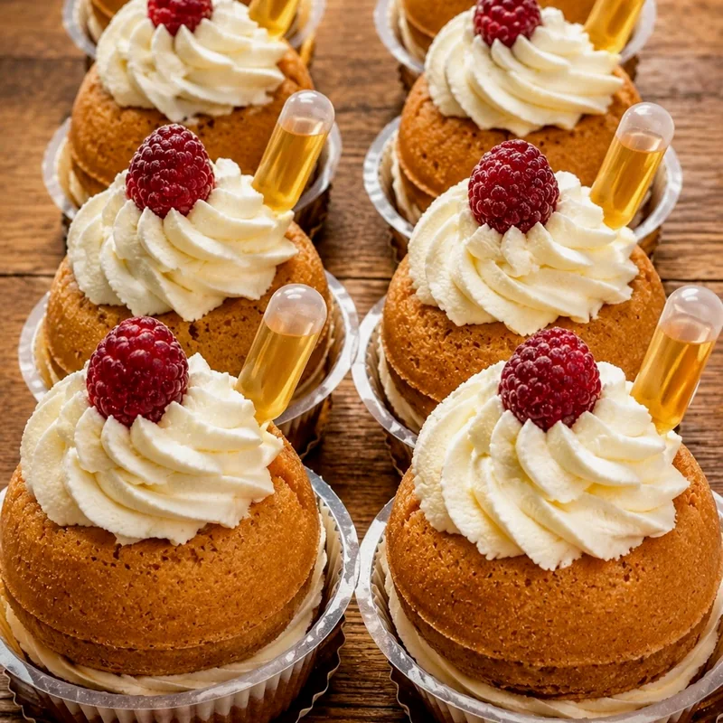 Rum baba cakes topped with cream and raspberries at Wedges Bakery