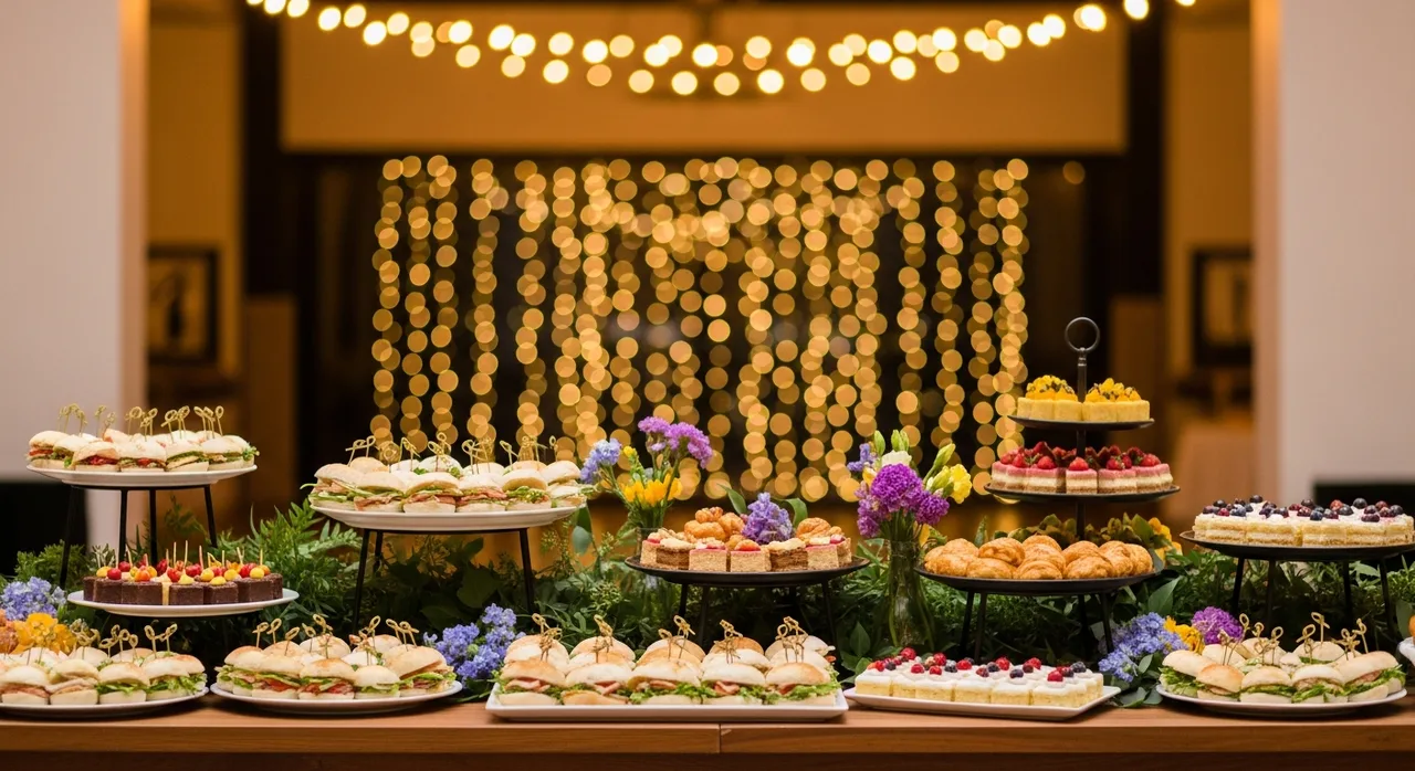 An elegant catering spread with artisan sandwiches on a table with warm string lights
